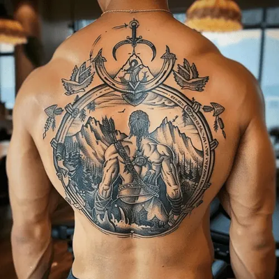 Man with intricate back tattoo design of a warrior, mountains, and birds in a circular pattern