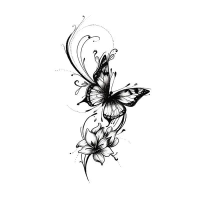 Dynamic black-lined temporary tattoo with butterflies and blooming flowers, perfect for fashion and artistry, suitable for sensitive skin.