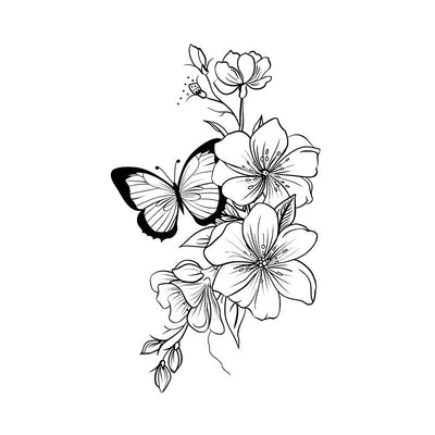 Elegant butterfly and flower tattoo design, featuring detailed blooms and a graceful butterfly for inspiration.