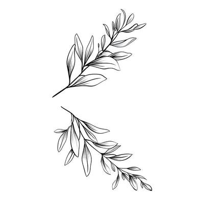 Elegant tattoo design of delicate falling green leaves with graceful lines and negative space, inspired by nature's beauty and balance.