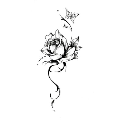 Rose and Butterfly tattoo design with intricate line work and whimsical details inspired by the beauty of nature.