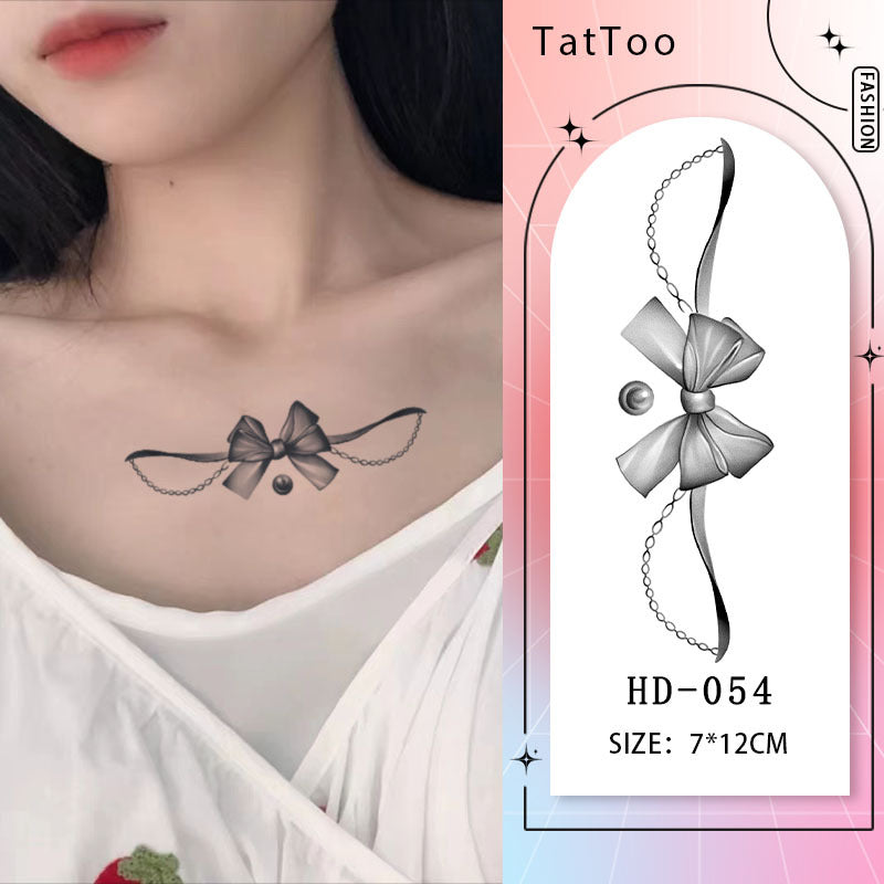 Elegant ribbon tattoo sticker on woman's chest, symbolizing elegance and confidence with intricate design and gentle strength.