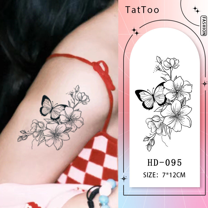 Black and white butterfly and flower tattoo design on arm, showcasing artistic beauty and elegance, size 7x12cm tattoo idea.