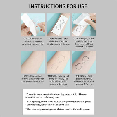 Instructions for applying temporary tattoos with visual step-by-step guide and tips for best results.